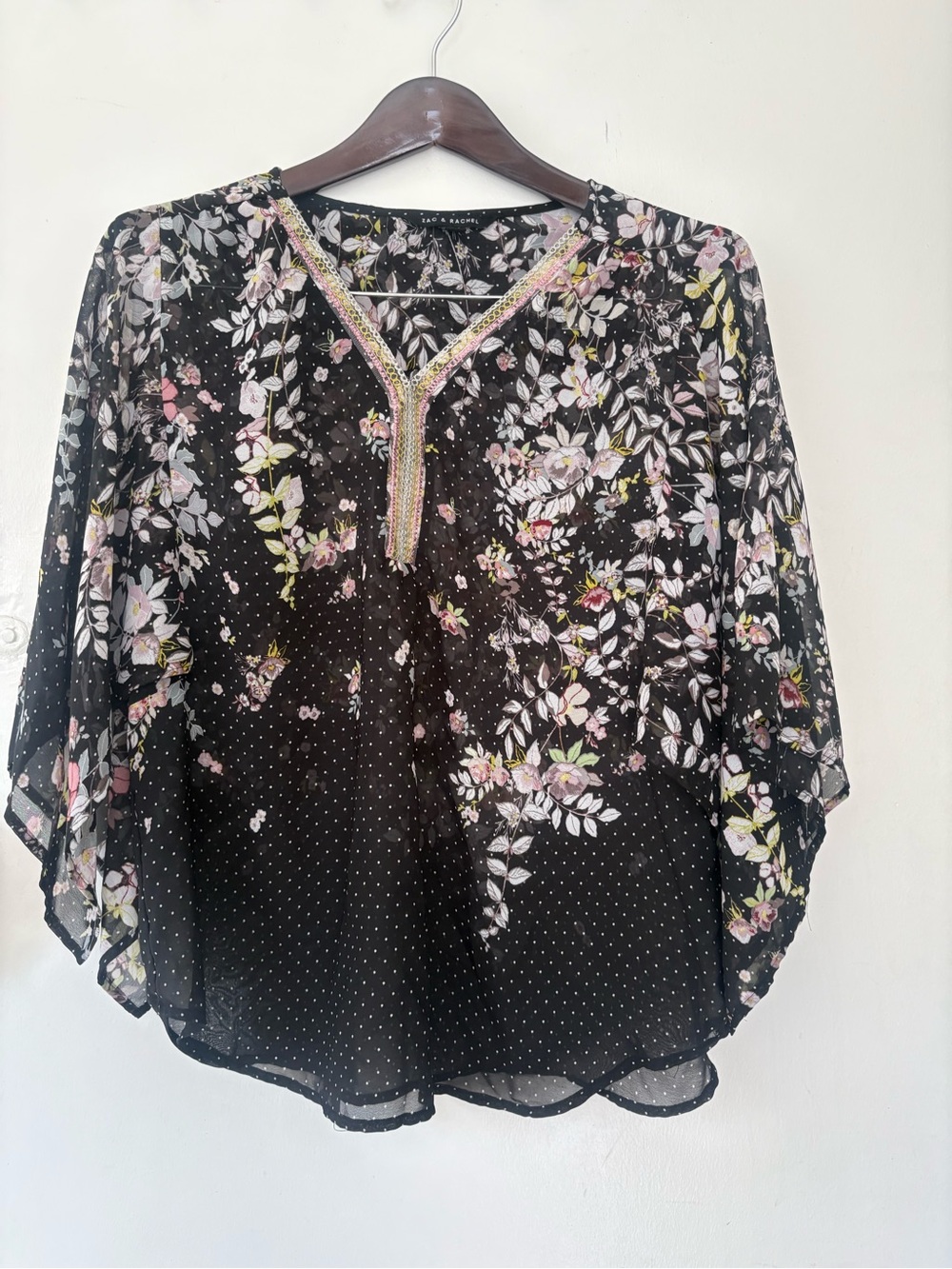 Zac & Rachel Black Sheer Floral V-Neck Tunic with Beaded Trim
